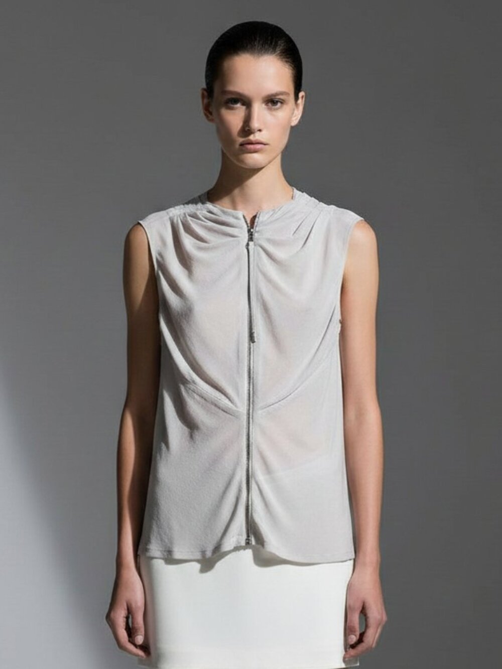 Rick Owens "Walrus" Sleeveless Zip-Front Pearl Grey Top